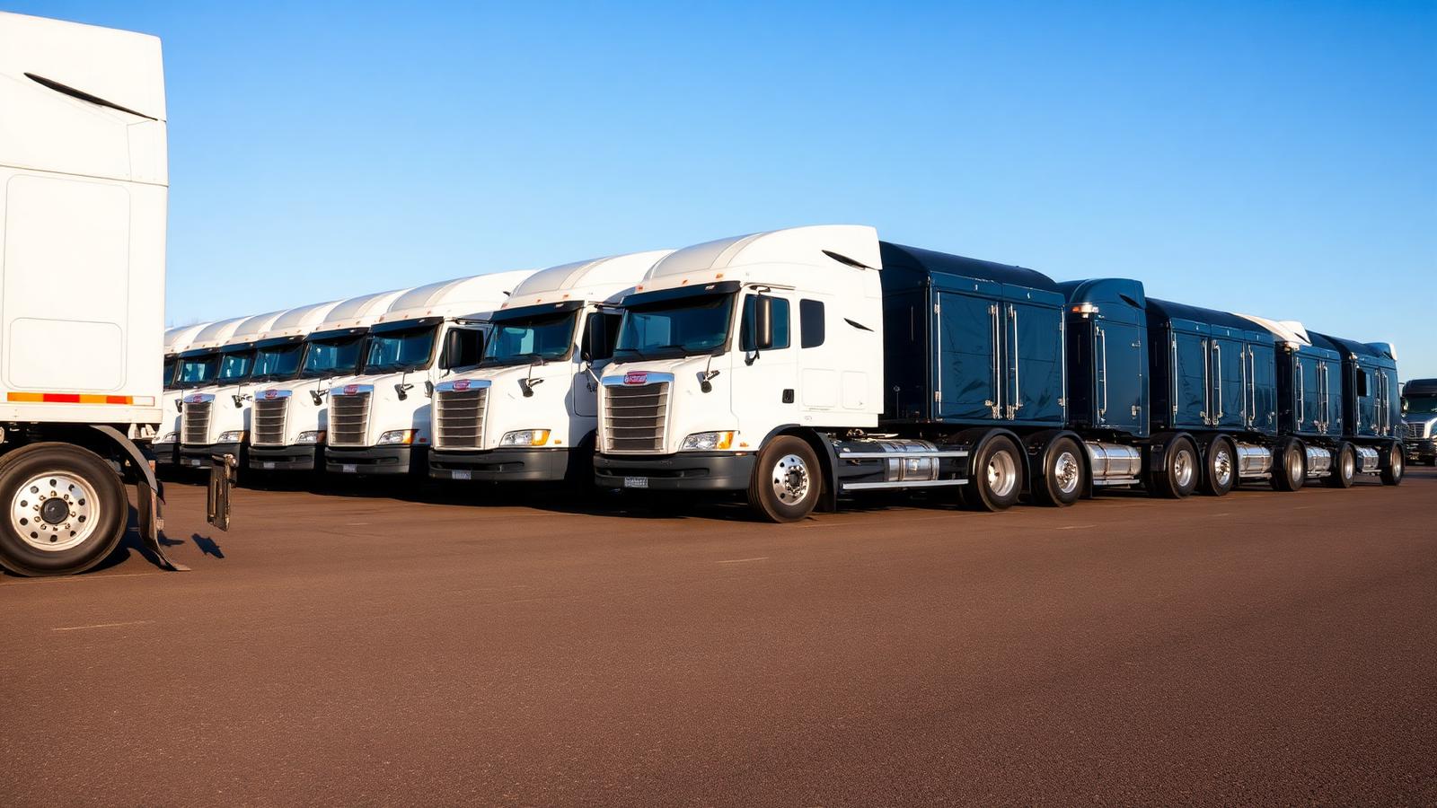 Freshly washed fleet trucks lined up at Midwest Trucking