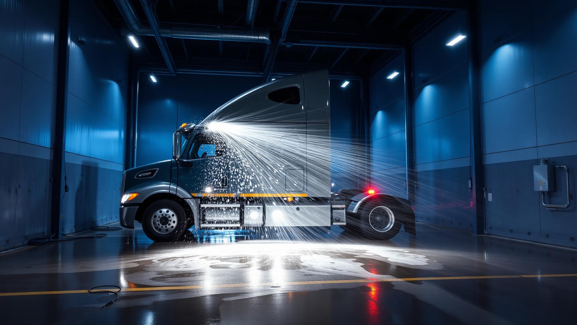 Semi-truck being professionally washed at Midwest Trucking